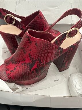 ALDO Red and Black Snake-Print Platform Slingback Heels